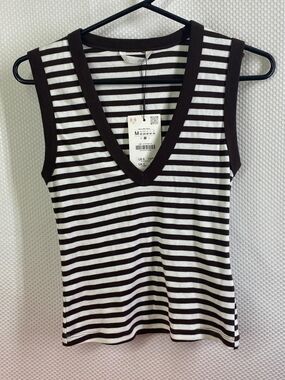 Zara Black & White Striped V-Neck Tank Top